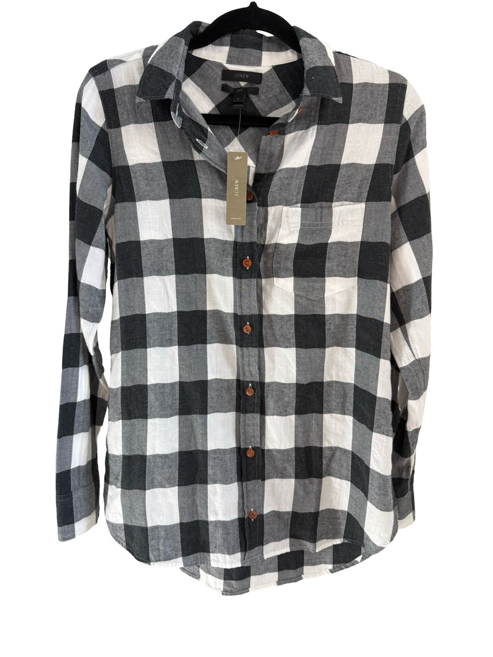 NWT J.Crew Boy Shirt Black White Buffalo Plaid Button Down Stretch Cotton Sz 2